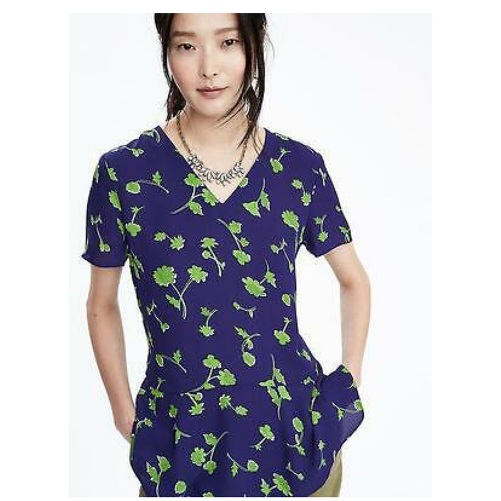 Banana Republic Navy Green Floral Peplum Blouse XS